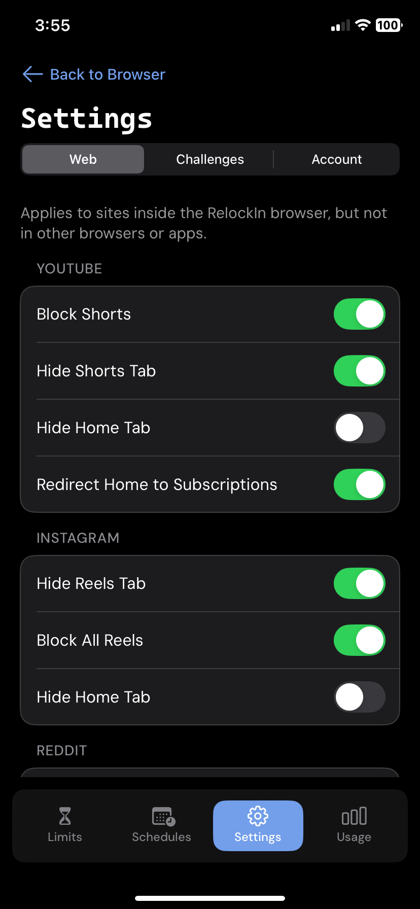 A phone showing RelockIn settings to turn features on or off